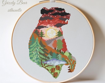 Grizzly Bear Silhouette Cross Stitch Pattern, Wild Forest Landscape (PDF Pattern)