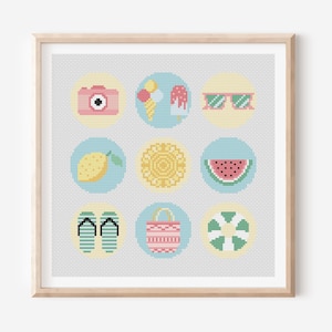 Summer memories cross stitch pattern pastel beach Stitch Pattern, Easy PDF Download, Modern stitch Art for Summer, Vacation cross stitch