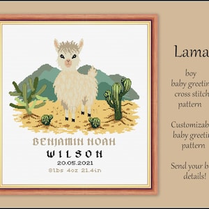 Lama Greeting baby Cross stitch pattern Boy baby cross stitch Baby birth announcement DIY new baby birth Nursery decor Lama cross stitch