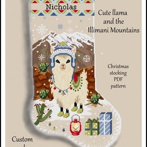 Cute llama and the Illimani Mountains christmas stocking Boy version Cross stitch pattern Custom order for Rachel