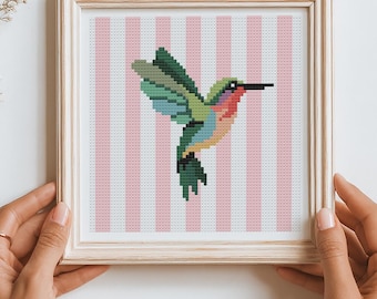 Kruissteekpatroon van een kolibrie: ontwerp met gestreepte vogel (PDF-patroon), eenvoudig telpatroon, 5x5 inch.