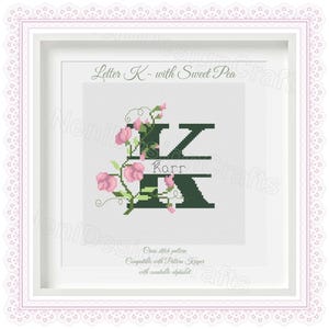 Letra K con guisante de olor Patrón de punto de cruz Nombres personalizables Patrón contable Nombre del alfabeto Punto de cruz Decoración del hogar Regalos personales