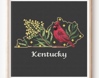 Kruissteekpatroon Kentucky | Kaart van de staat Kentucky | Noordelijke kardinaal | Guldenroede | Vintage, eenvoudig voor beginners | Direct te downloaden PDF