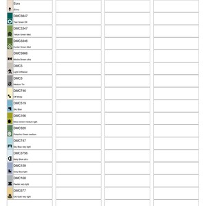 Peut inclure: Un tableau avec une liste de couleurs de fils DMC et leurs num&eacute;ros correspondants. Le tableau est divis&eacute; en trois colonnes, chacune avec un sch&eacute;ma de couleurs diff&eacute;rent. Les couleurs comprennent le blanc, l'&eacute;cru, le vert sarcelle, le vert jaune, le vert chasseur, le brun moka, le bois flott&eacute; clair, l'&eacute;tain moyen, le blanc cass&eacute;, le bleu ciel, le vert mousse, le vert pistache, le bleu ciel, le bleu b&eacute;b&eacute;, le bleu gris, l'&eacute;tain, et l'or vieil.