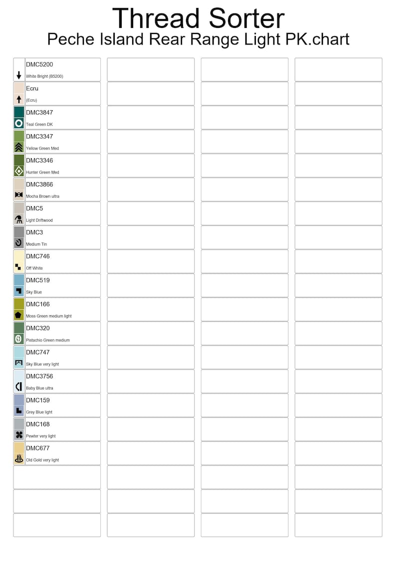 Peut inclure: Un tableau avec une liste de couleurs de fils DMC et leurs num&eacute;ros correspondants. Le tableau est divis&eacute; en trois colonnes, chacune avec un sch&eacute;ma de couleurs diff&eacute;rent. Les couleurs comprennent le blanc, l'&eacute;cru, le vert sarcelle, le vert jaune, le vert chasseur, le brun moka, le bois flott&eacute; clair, l'&eacute;tain moyen, le blanc cass&eacute;, le bleu ciel, le vert mousse, le vert pistache, le bleu ciel, le bleu b&eacute;b&eacute;, le bleu gris, l'&eacute;tain, et l'or vieil.
