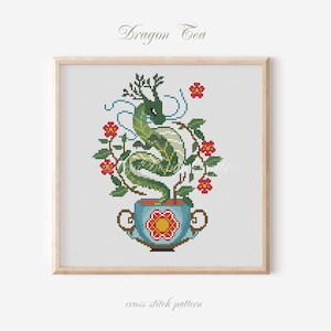 Dragon Tea Cross Stitch Pattern, Chinese Style Embroidery (PDF Pattern)
