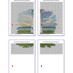 Peut inclure: Quatre pages d'un mod&egrave;le de point de croix pour une sc&egrave;ne de phare. Le motif est divis&eacute; en quatre sections, chacune avec une grille de carr&eacute;s. Les deux premi&egrave;res pages montrent la moiti&eacute; sup&eacute;rieure du phare, la troisi&egrave;me page montre la moiti&eacute; inf&eacute;rieure du phare et la quatri&egrave;me page montre le paysage environnant.