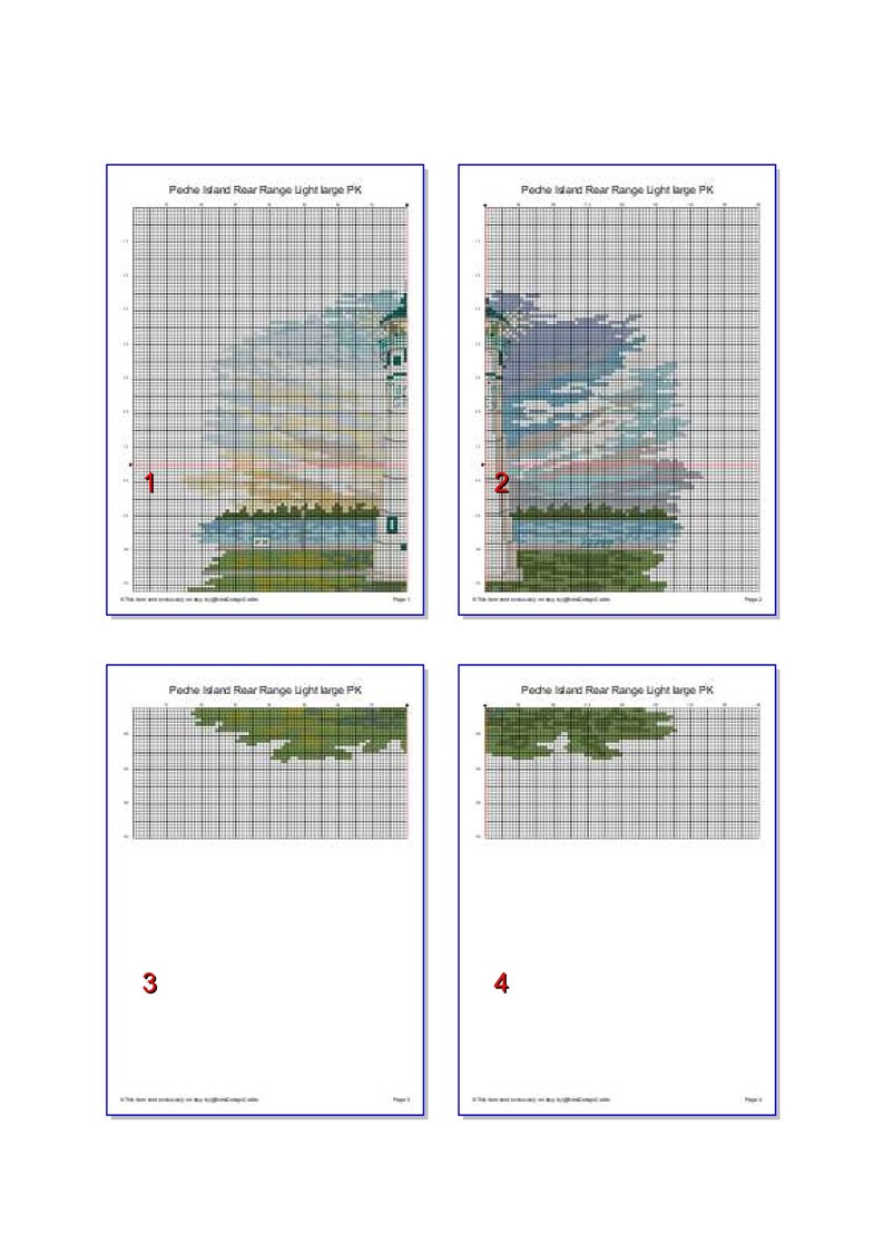 Peut inclure: Quatre pages d'un mod&egrave;le de point de croix pour une sc&egrave;ne de phare. Le motif est divis&eacute; en quatre sections, chacune avec une grille de carr&eacute;s. Les deux premi&egrave;res pages montrent la moiti&eacute; sup&eacute;rieure du phare, la troisi&egrave;me page montre la moiti&eacute; inf&eacute;rieure du phare et la quatri&egrave;me page montre le paysage environnant.