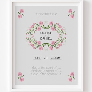Bloemen bruiloft kruissteekpatroon, jubileumcadeau (pdf-patroon)