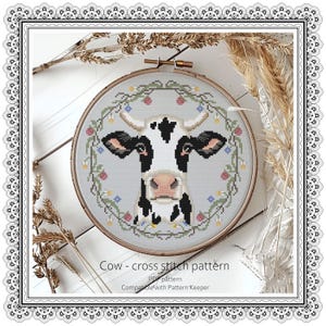 Cow Cross stitch pattern Farm animal Cow head Country decoration Wildflower wreath Modern cow needlework Home decor DIY Cute Pet portrait