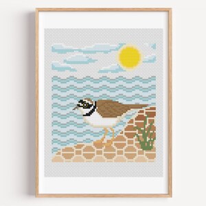 May include: A framed cross-stitch pattern featuring a brown and white plover bird standing on a tan sandy shore. The background displays a light blue wavy ocean, a bright yellow sun, and light blue clouds in a grid-like pixelated design.