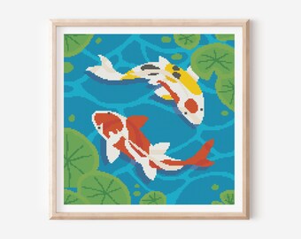 鯉の池のクロスステッチ図案 PDF ダウンロード、鯉のクロスステッチ
