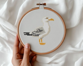 Minivogels kruissteek, borduren zeemeeuw, vogelliefhebbers, sfeer aan zee (pdf-patroon)