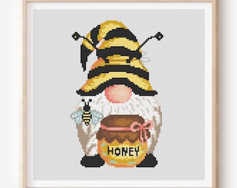 Bee Gnome Cross Stitch Pattern, Modern Embroidery (PDF Pattern)