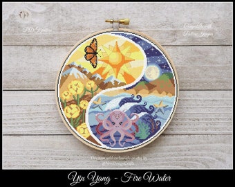 Yin Yang Fire Water Cross stitch pattern Landscape cross stitch Home decor Wall decor Sea landscape Mountain landscape Sun cross stitch