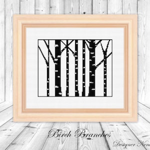 May include: Black and white cross-stitch pattern of birch trees with the text "Birch Branches" and "Designer Neni Design" below the image.