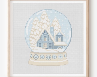Snowglobe Kruissteekpatroon, boshuisje, sneeuwvlok, kerst (pdf-patroon)