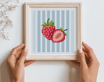 Strawberry Stripes Cross Stitch Pattern, Retro Fruit Design (PDF)