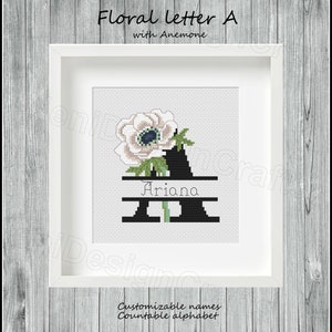 Letra A floral Patrón de punto de cruz Nombres personalizables Alfabeto contable Alfabeto en punto de cruz Nombre en punto de cruz Decoración del hogar Decoración de pared