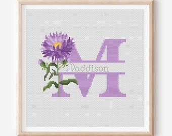Letter M Cross Stitch Pattern, Aster Floral Initial embroidery, Alphabet (PDF Pattern)