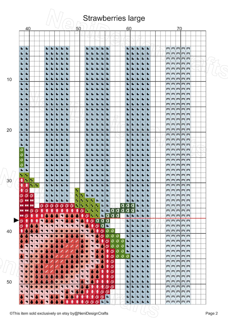 May include: Cross-stitch pattern chart featuring a large strawberry design. The pattern uses a grid with red, green, and blue thread colors. The text "Strawberries large" is at the top. The Etsy shop name is at the bottom.
