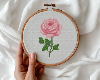 Mini Pink Rose Cross Stitch Pattern, Easy Beginner Embroidery (PDF)