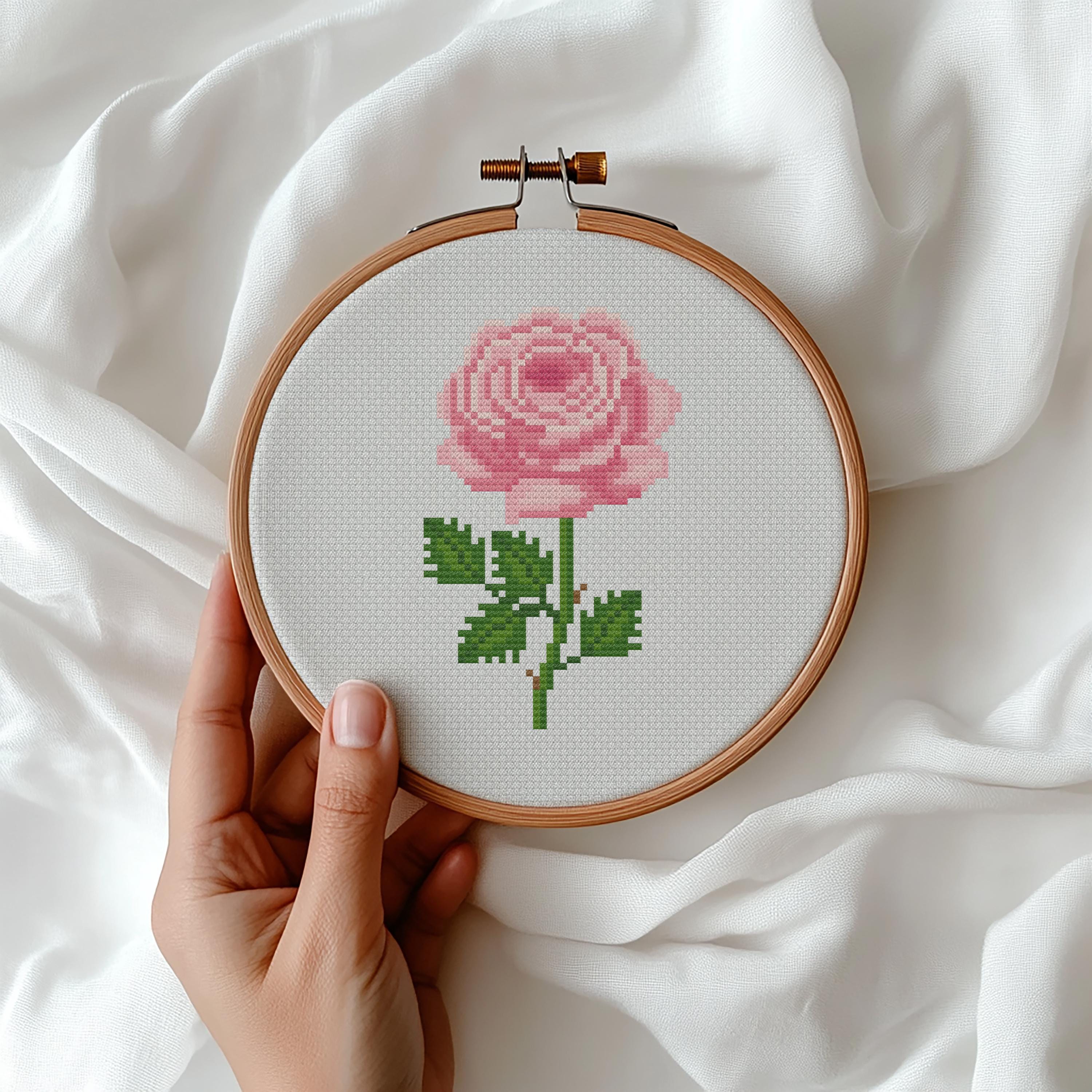 ミニピンクのバラのクロスステッチパターン、初心者向け簡単刺繍（PDF