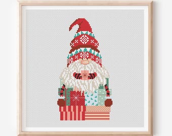 Christmas Gnome Cross Stitch Pattern, Holiday Embroidery (PDF Pattern)