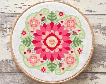 Flower mandala, cross stitch pattern, modern cross stitch, mandala cross stitch, flower cross stitch, embroidery stitches, flower