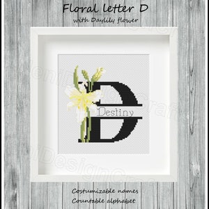 Letra D floral Patrón de punto de cruz Nombres personalizables Alfabeto contable Alfabeto Punto de cruz Nombre Punto de cruz Decoración del hogar Decoración de pared