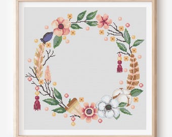 Boho Floral Wreath Cross Stitch Pattern, Feathers and beads, Flower Home Decor (PDF)