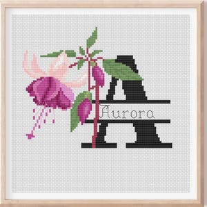 Patrón de punto de cruz del alfabeto Letra A Flor fucsia Solo letra A Nombres personalizados Alfabeto contable Patrón PDF Inicial moderna digital
