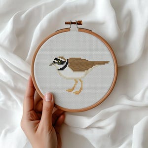 May include: A cross-stitch embroidery hoop featuring a bird design. The bird has brown, black, and cream-colored details, with yellow legs and a black beak. The embroidery is set in a wooden hoop, and the background is white.