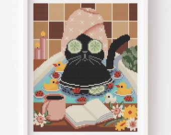 Modern Animals Cross Stitch Pattern, Relax Cat, Kitten Lover, Bathroom decor Gift (PDF)