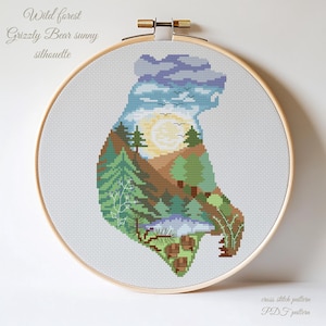 Grizzly Cross stitch pattern Wild Forest 2 Grizzly Bear silhouette Home decor PDF pattern Digital cross stitch Modern cross stitch Landscape