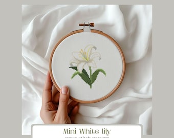 Mini Floral Cross stitch: White Lily flower, Botanical embroidery, Modern digital art (PDF Pattern)