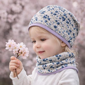 Floral Beanie Blue Purple – Girls Baby Kids Hat Transitional Hat – Loop or Set – Handmade