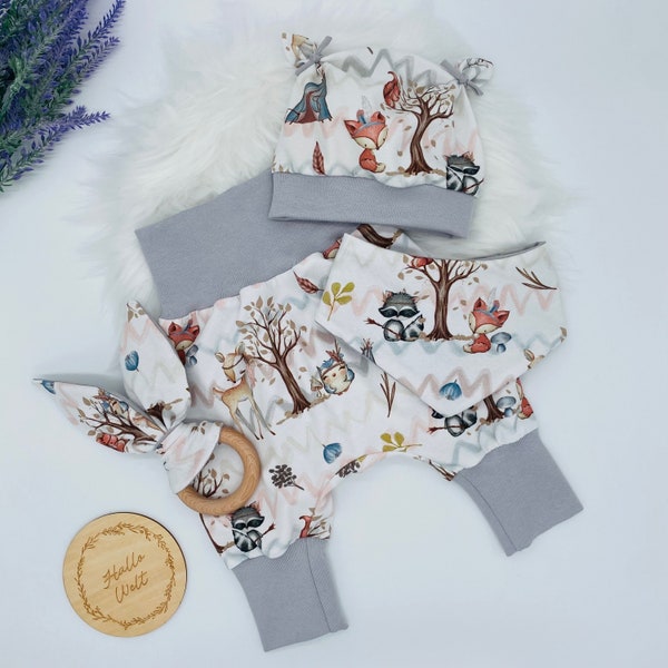 Baby Set Waldtiere Waldfreunde Pumphose Mütze Tuch Knistergreifling Hose Junge Mädchen Babyhose Mitwachshose Neugeborenen Geschenk Geburt