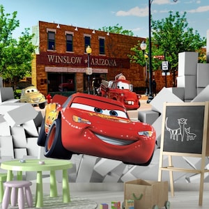 Autos unter dem Motto Schälen und Aufkleben Tapete | Lightning McQueen Abnehmbares Wandbild | Cars Kinderzimmer Tapete