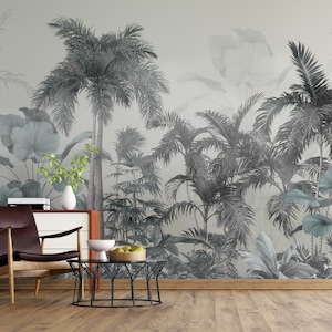 Papel tapiz de palmeras Mural de pared de jungla Arte de pared gris autoadhesivo tropical
