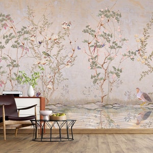 Bird and Trees Reflected in Water Wallpaper  Wallpaper / Floral Peel and Stick Wallpaper / Home Wall Decor / Wall Decoration