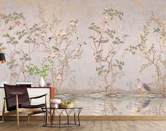 Bird and Trees Reflected in Water Wallpaper  Wallpaper / Floral Peel and Stick Wallpaper / Home Wall Decor / Wall Decoration