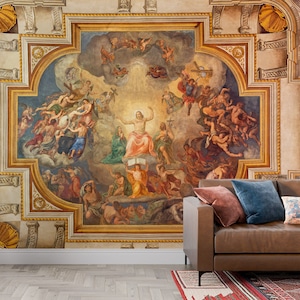 Carta da parati antica romana con banchetto, stacca e attacca, murale rinascimentale