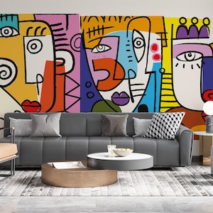 Abstraktes Gesicht Portrait Tapete Kubismus Wandbild Linie Wandkunst Bunt Schälen und Aufkleben