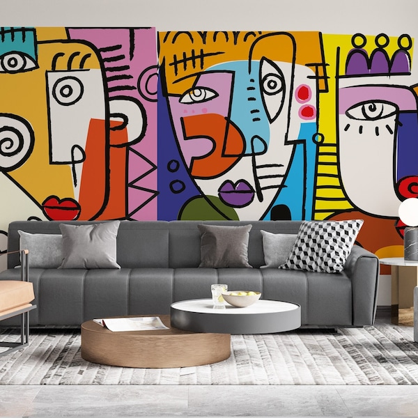 Abstract Face Portrait Wallpaper Cubism Wall Mural Line Wall Art Colorful Peel and Stick