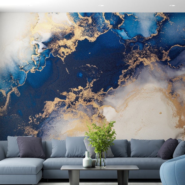 Navy Marble Wallpaper Abstract Wall Mural Gold Look Self Adhesive Wall Decor