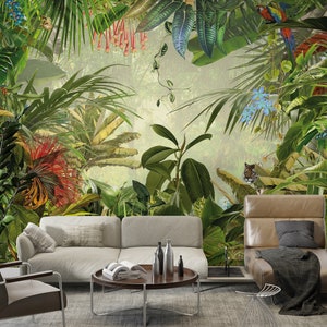 Tropical Jungle Plants and Leaves Leopard Bird Rainforest Floral Wallpaper Self Adhesive Peel & Stick Wall Sticker Wall Decoration Removable image 1