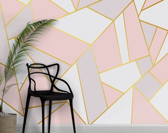 Papel tapiz rosa / Papel tapiz con formas geométricas / Papel tapiz trapezoidal / Papel tapiz adhesivo / Papel tapiz despegable y pegable / Papel tapiz removible