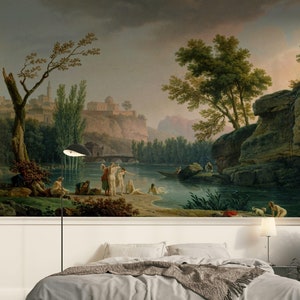 Mural de pared con paisaje histórico, panorama pastoral del siglo XVIII