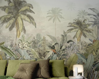 Tropical Jungle Plants Banana Palm Trees Rainforest Floral Background Wallpaper Self Adhesive Peel and Stick Wall Sticker Wall Decoration